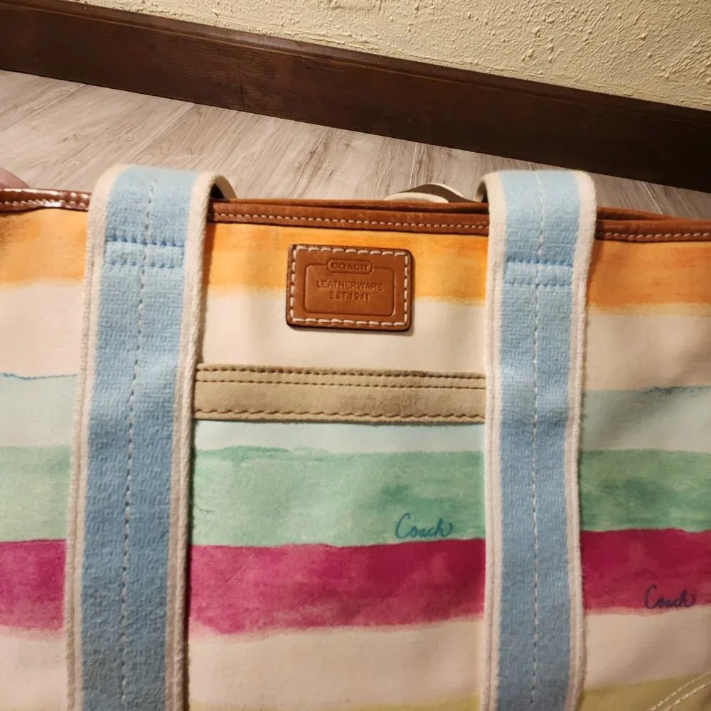 Coach Hampton Watercolors Striped Satchel Tote Bag Purse - Picture 11 of 13
